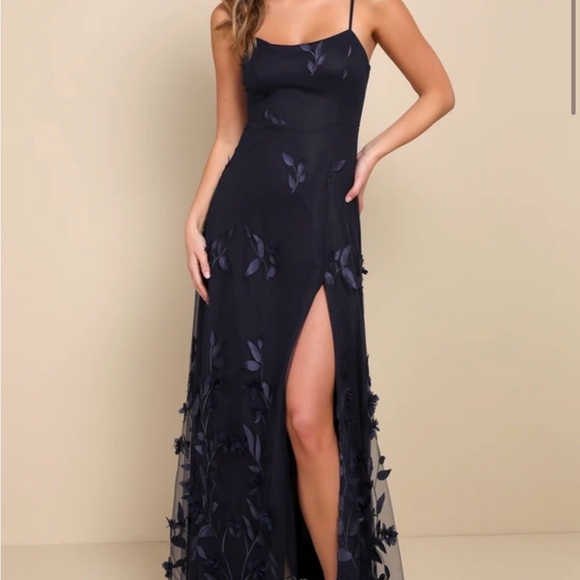 Lulus Dresses & Skirts - Lulus Navy Floral Appliqué Maxi Dress with Side Slit
